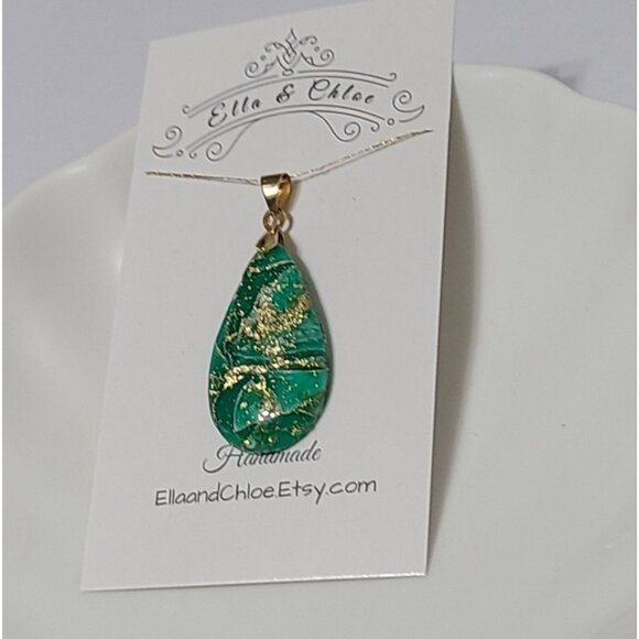 Handcrafted Large Chunky Emerald Green Gold Teardrop Gemstone Inspired Pendant - Picture 5 of 7